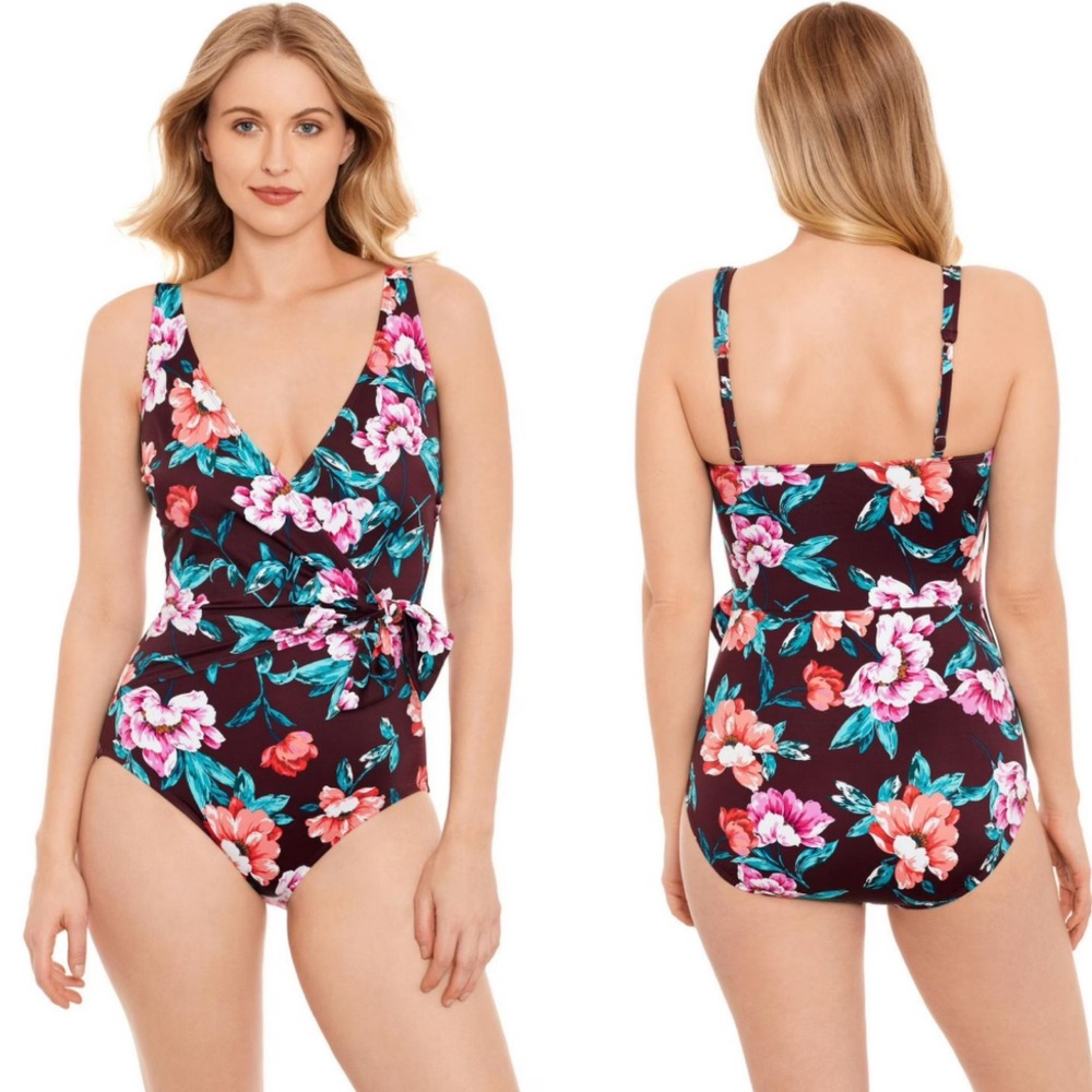 Embrace Your Curves Miracle Brands Floral Wrap One Piece Swimsuit Burgundy 1X